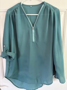 SHEIN Teal Zip-Front Roll-Sleeve Blouse